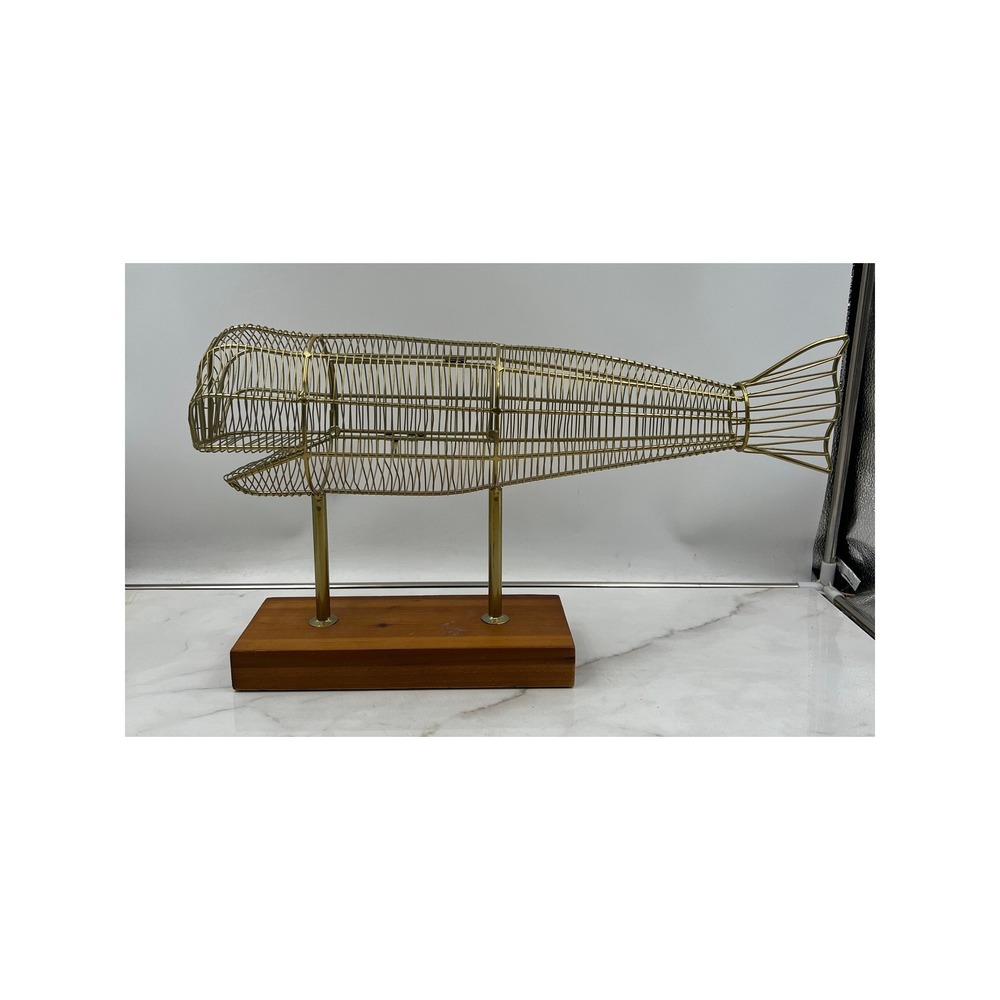 HD Designs Modern Maritime Gold Wire Whale Sculpture Wood Base Card Holder 18in